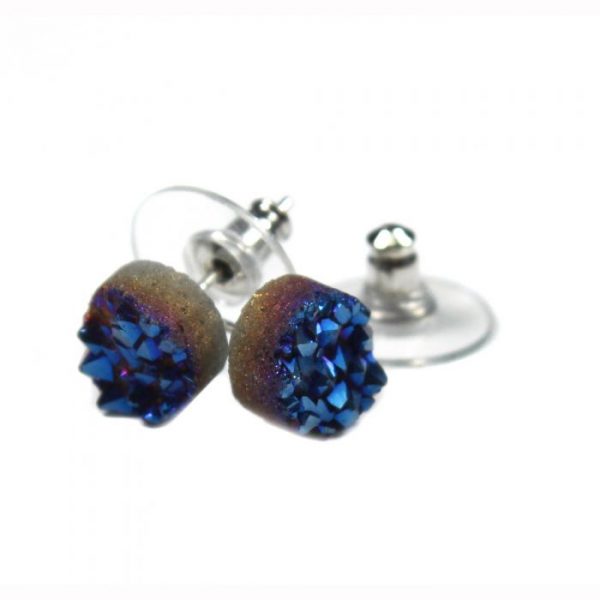 Blue Rainbow Druzy Earstud Titanium infused natural quartz crystal 8mm Earstud