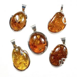 Amber Pendant Round Fancy Bezel Sterling Silver